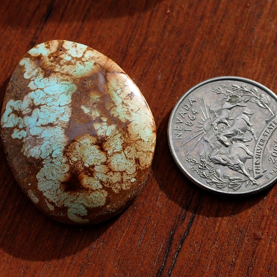 Light blue natural turquoise with red inclusions (Stone Mountain Turquoise)
Instagram    $110.00 for 41.2 carats untreated & un-backed Nevada turquoise.
