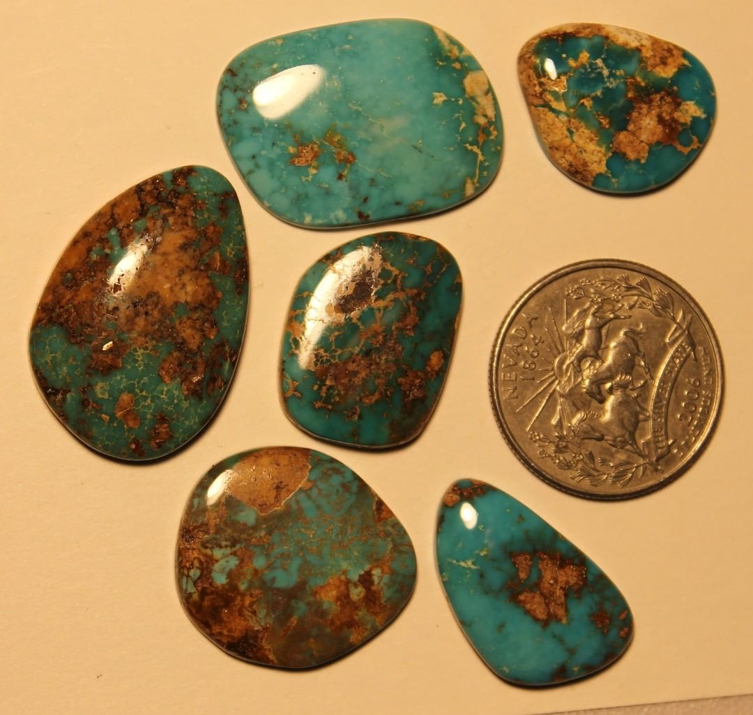 Natural large blue turquoise cabochon suite (Stone Mountain Turquoise)
95.6 carats untreated Nevada turquoise

Weight: 
26.3 carats, 20.3 carats, 13.7 carats, 12.8 carats, 11.5 carats, 11 carats
Dimensions:
30.1×20.5×5.3 mm, 28.4×20.3×4 mm, 24×21.8×3 mm, 24.1x15x4.3 mm, 22.3×17.1×3.2 mm, 21.1×16.6×4.4 mm
