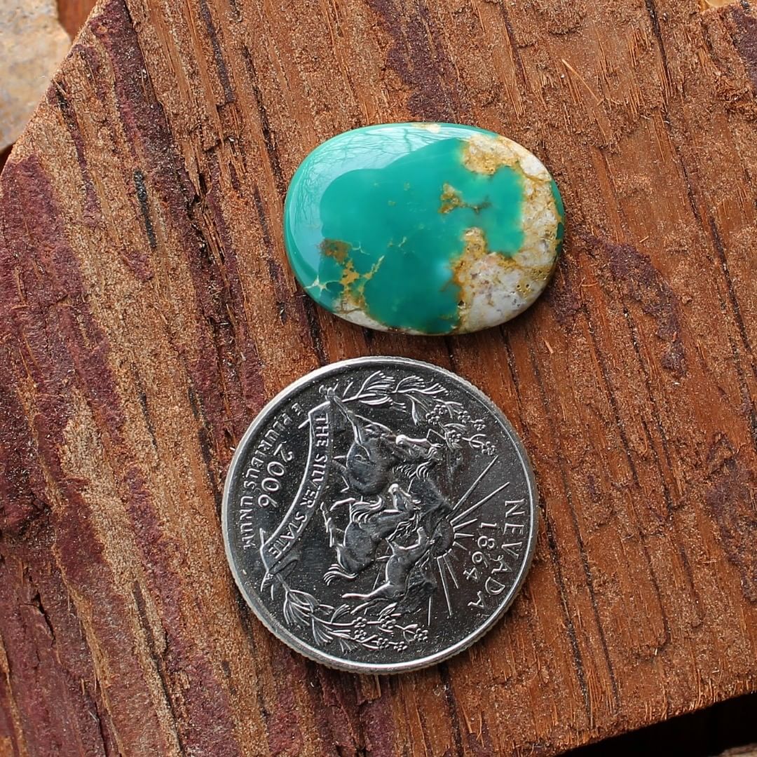 Lake Pattern Deep teal Stone Mountain Turquoise cabochon
Claim it or Instagram    $28 for 12.3 carats untreated Nevada turquoise. 
This stone has some natural hostrock backing.
