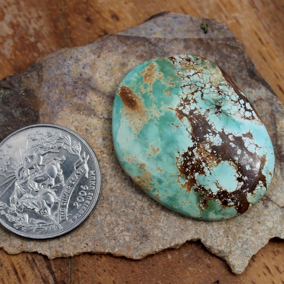 Natural turquoise cabochon with iron spiderweb matrix (Stone Mountain Turquoise)
Instagram    $124 for 47.3 carat untreated & un-backed Nevada turquoise