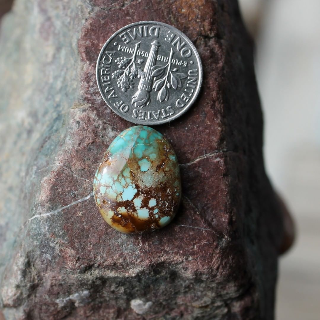 Polychrome Stone Mountain Turquoise Cabochon w/ spiderweb inclusions
Instagram    $25 for 8.6 carats untreated & un-backed Nevada turquoise. 
