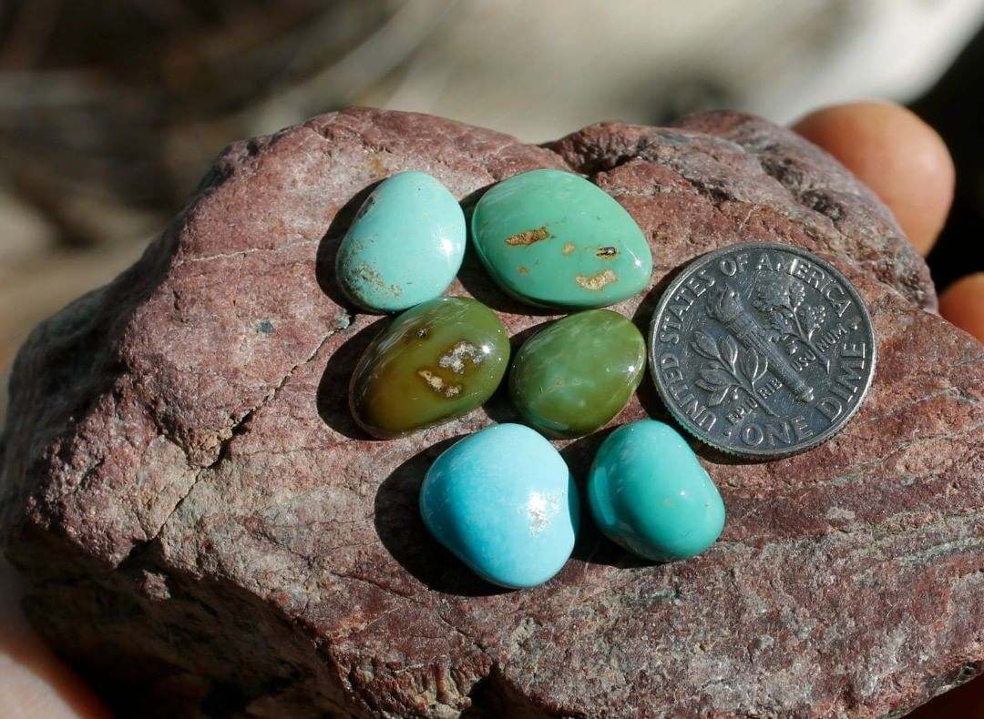 Mixed colors natural Nevada turquoise cabochons (Singatse Turquoise)
 $58 for 5.1, 5.1, 4.6, 4.3, 2.9 & 2.7 carats untreated & un-backed Nevada turquoise.
