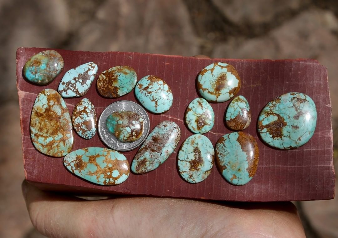 Natural blue Stone Mountain Turquoise cabochons w/ red matrix and/or inclusions (Seeing Red)
Instagram    174.3 cts Grp price: $425
(mandatory reshoot