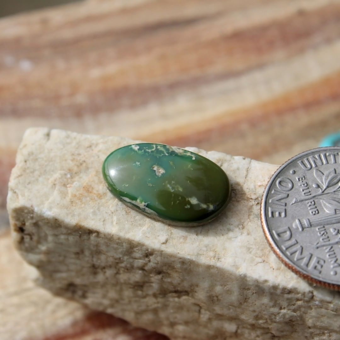 Natural deep green turquoise cabochon (Stone Mountain Turquoise)
 $10 for 3.2 carats untreated Nevada turquoise. This cabochon has a thin strip of natural hostrock backing.
