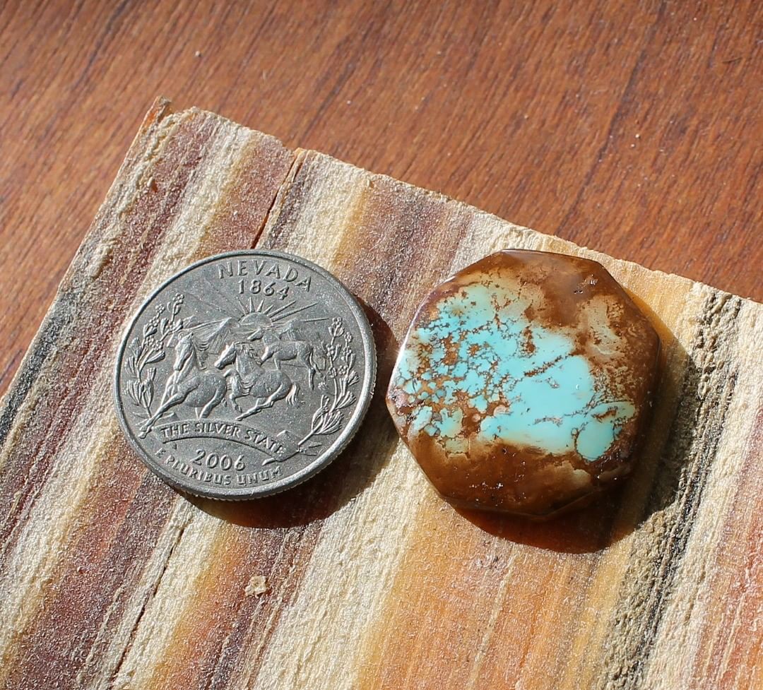 Fun with geometry, Blue Stone Mountain Turquoise freeform w/ red inclusions
 $45 for 17.3 carats untreated & un-backed Nevada turquoise.
