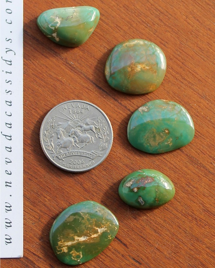 Natural green Stone Mountain Turquoise cabochons
 $140 for all or,
*from top to bottom
11 carats for $29
12.8 carats for $34
12.5 carats for $34
11.6 carats for $29
11 carats for $29
