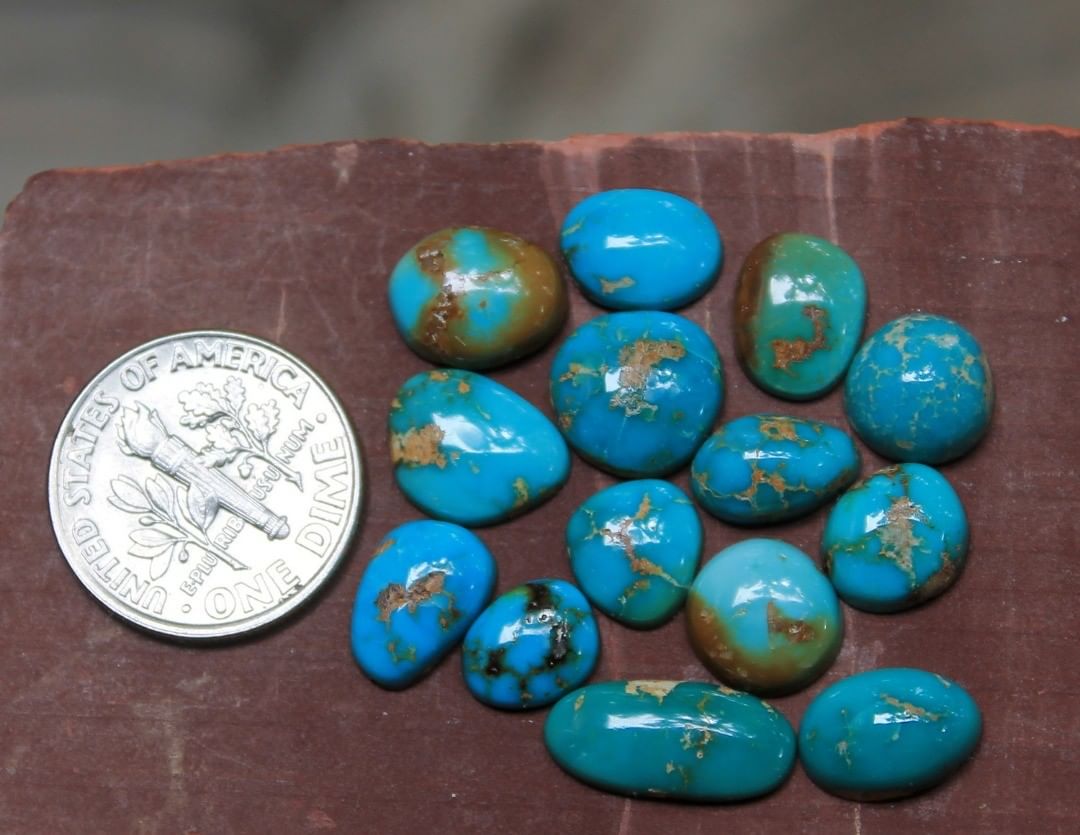 Small and with deeper shades of teal and blue earring or ring stones. All are untreated and un-backed Nevada turquoise.

$60 for 23.0 carats