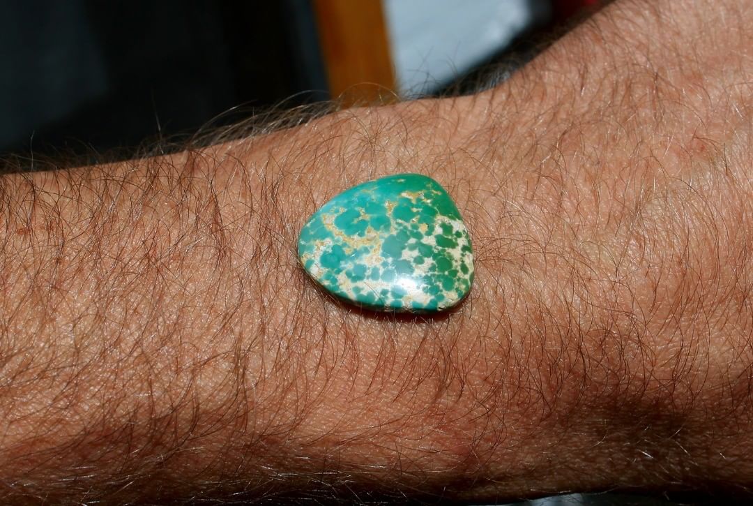A green cabochon with webby matrix.

$50 for 17.5 carats un-backed & untreated
